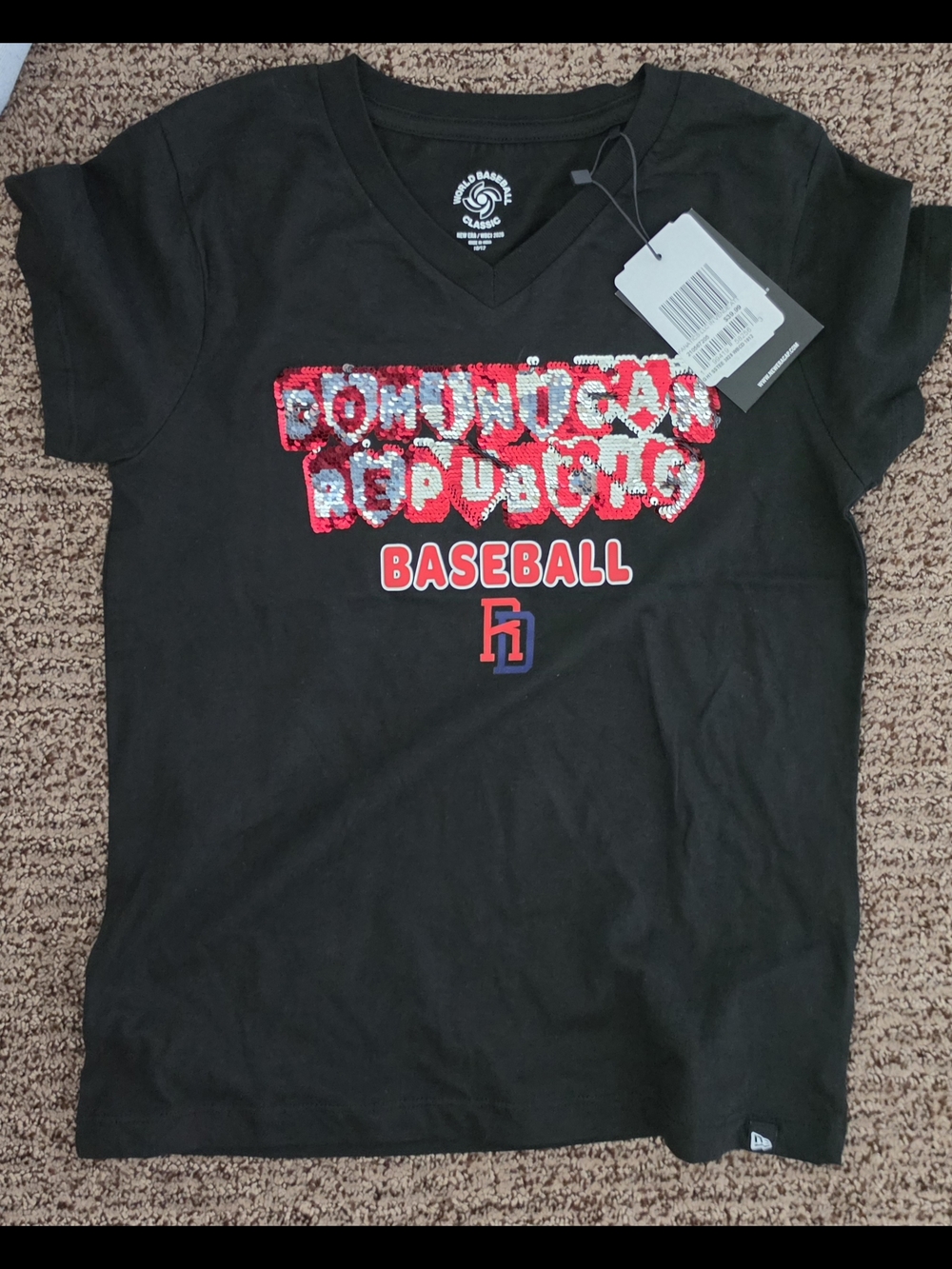 Dominican Republic Baseball Kids Sequin Tee - Black